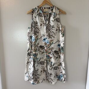 Elie Tahari 100% Linen Dress Tan Floral Leaves Sleeveless Pockets Sz Small